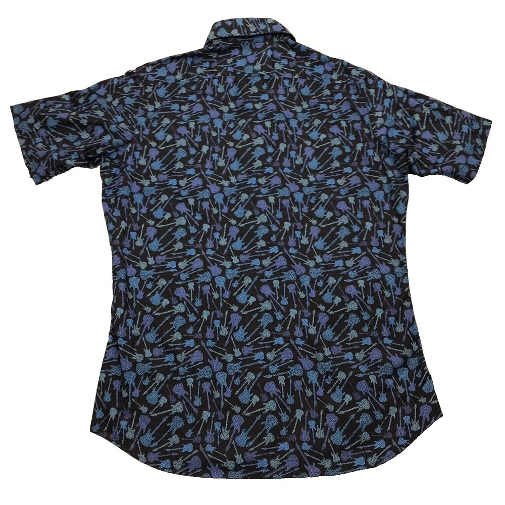 VTG Cremieux Premium Button Shirt Mens SMALL Guitars Black Blue Short Sleeve Y2K